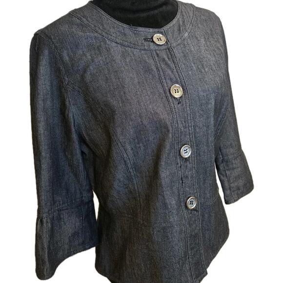 Sandro Sportwear Cropped Jacket Medium Denim Black 3/4 Sleeve Ruffle Cottagecore - Picture 1 of 8